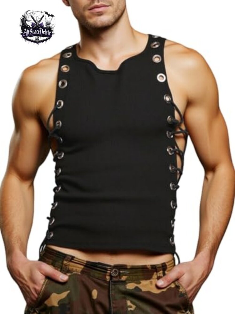 Men's Grommet Lace Up Cropped Tank Top Sleeveless Rave Club Party Top